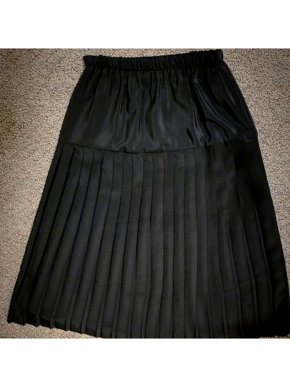VINTAGE WHIMSIGOTH BLACK PLEATED MIDI SKIRT TIERED FLOWY ELASTIC WAIST WOMENS